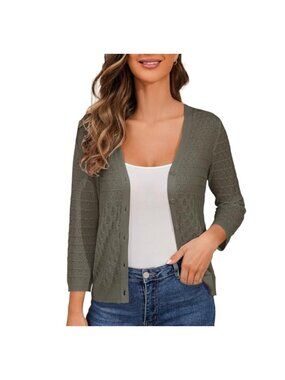 Women's Crochet Cardigan 3/4 Sleeve V Neck Button Front Knit Shrug Sweater